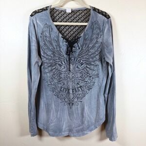 Affliction Y2K Wing Cross Sheer Back Graphic Top Women's XL Gray Long Sleeve
